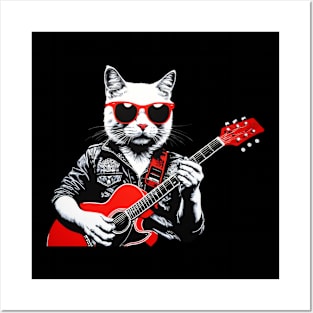 Funny Cat wearing sunglasses playing Guitar Guitarist Posters and Art